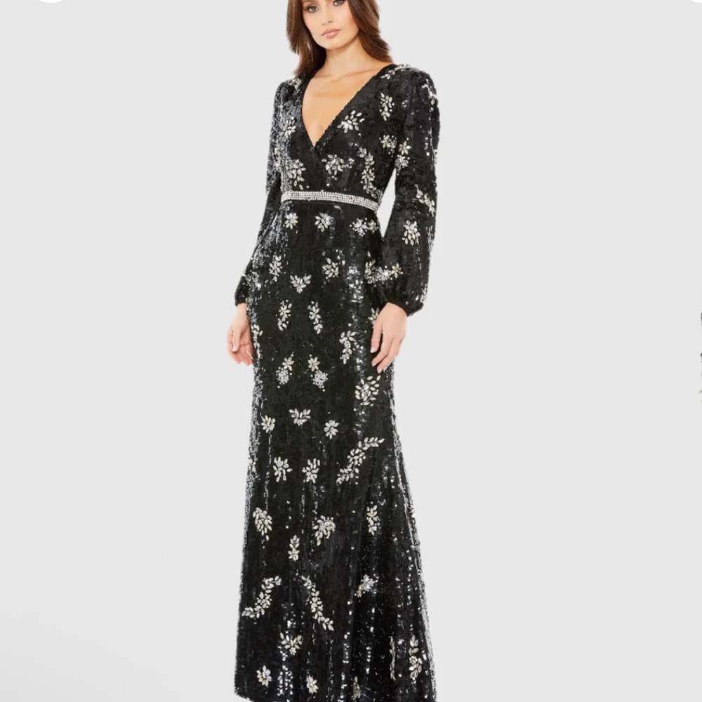 Mac Duggal Black and Silver Sequin Gown with Bishop Sleeves